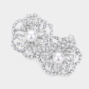 Elegant Pearl Centered Rhinestone Embellished Flower Clip on Earrings